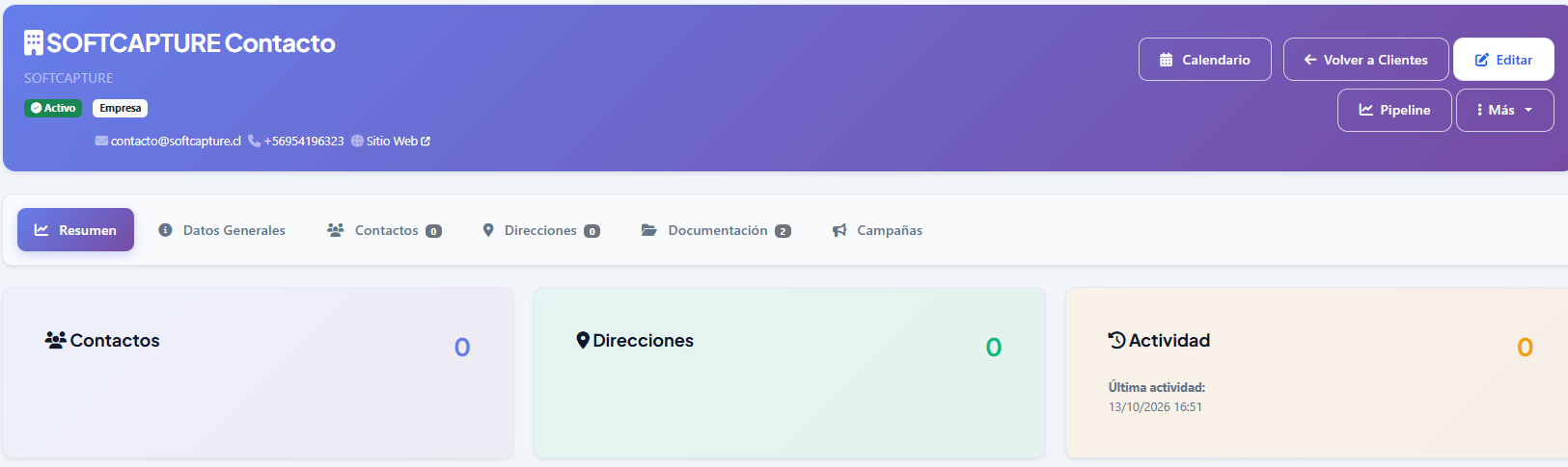 Ficha de un cliente en CRM: estado, datos de contacto y pestañas de resumen, datos generales, contactos, direcciones, documentación y campañas.