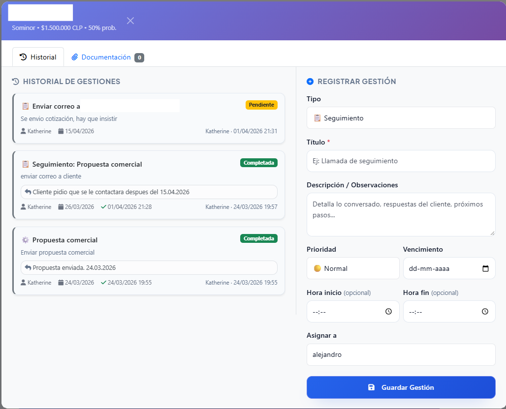 Historial de gestiones de un negocio en CRM: cada gestión con su estado, responsable y fecha, junto al formulario para registrar una nueva.