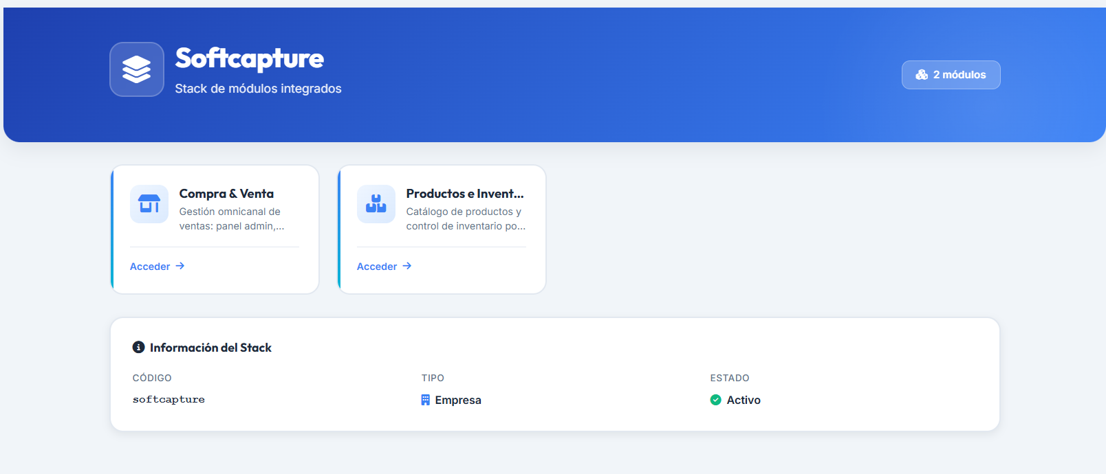 Panel principal del ERP con sus módulos: Compra y Venta, y Productos e Inventario, cada uno con su acceso.