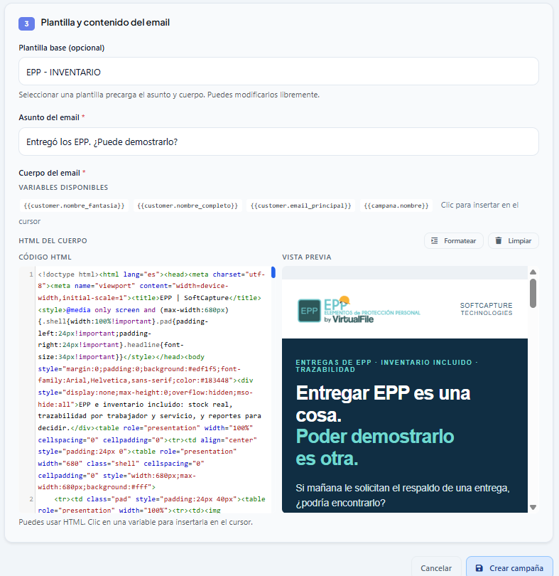 Editor de una campaña en FDM: plantilla base, asunto, variables con los datos de cada cliente, el código del correo y su vista previa.