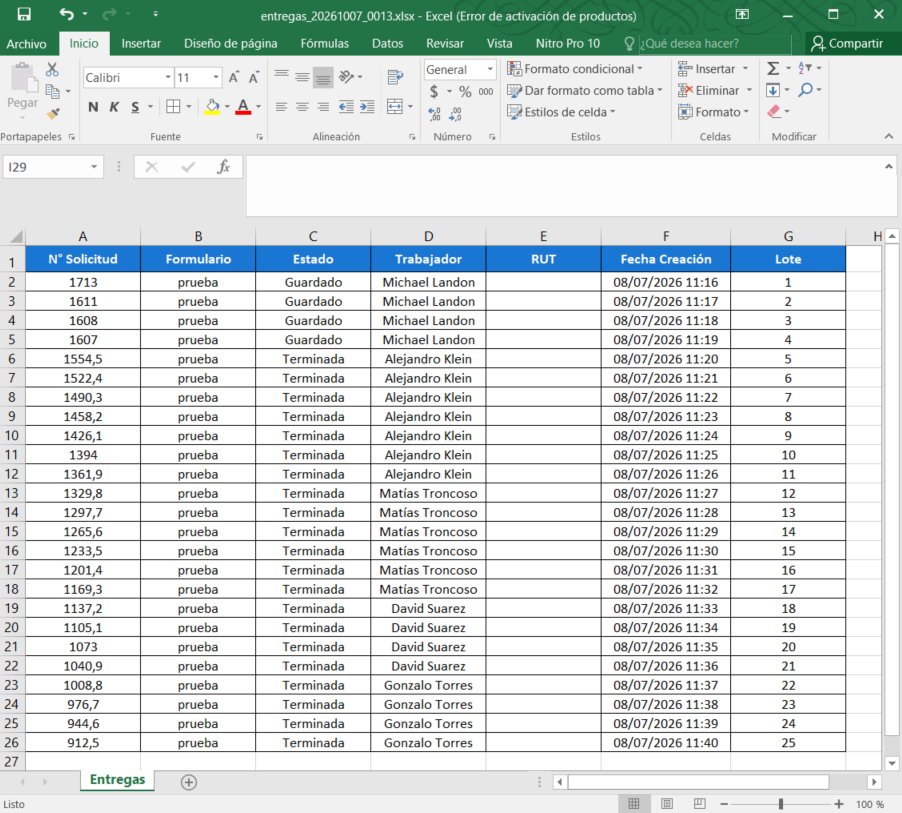 Reporte de entregas exportado a Excel: número de solicitud, estado, trabajador, fecha y lote de cada entrega.