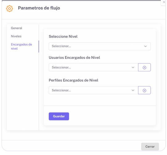 Parámetros de un flujo en WorkFlow: selección del nivel y de los usuarios y perfiles encargados de aprobarlo.